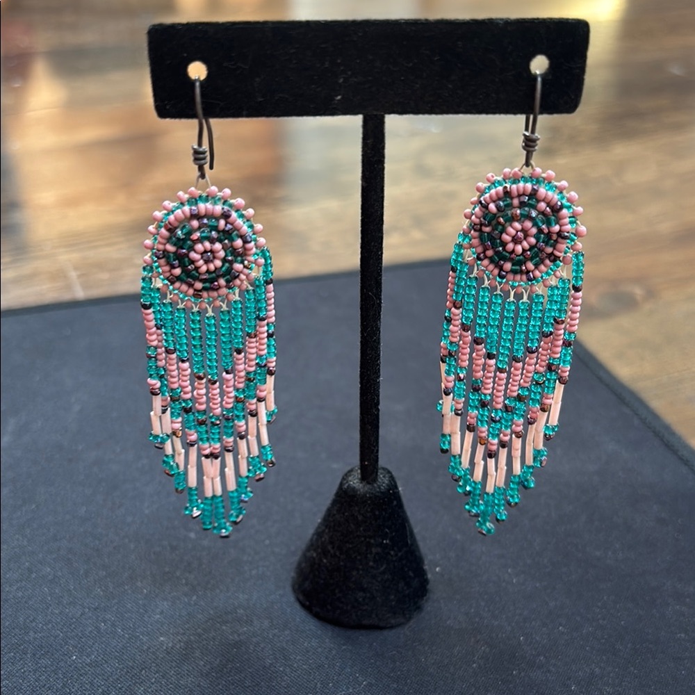 Handcrafted Beaded Earrings - Pink and Teal